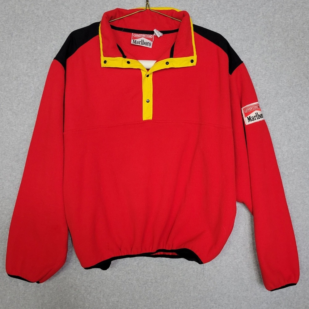 Vintage Marlboro Adventure Team Fleece Pullover Red Black Snap Neck Mens XL